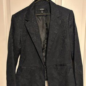 Black peplum jacket Size 8. Tone on tone black lace paisley on black.